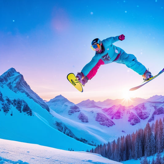 A vibrant winter scene showcasing a snowboarder wearing colorful LED gloves, performing a jump off a snow-covered ramp, with twinkling lights illuminating the gloves against a backdrop of snowy mountains and a clear blue sky.