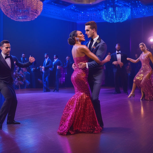 A vibrant ballroom scene showcasing dancers in sparkling sequined dresses and tailored fitted suits, with flowing skirts and stylish shoes, capturing the essence of Latin dance with vivid colors and dynamic movement.