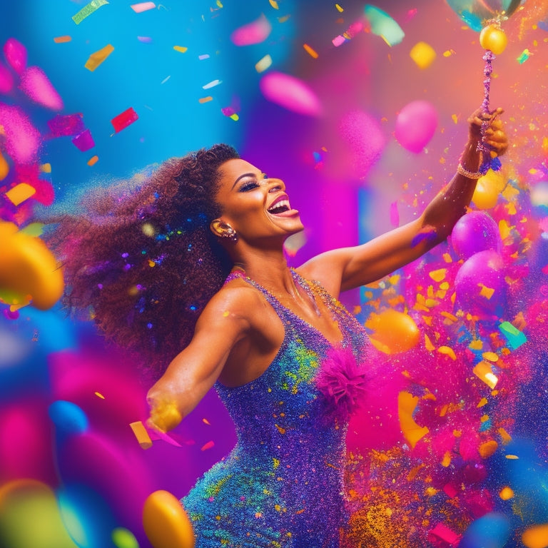 A vibrant, colorful illustration depicting a dancer in a studio surrounded by confetti, with a subtle cityscape or business background, and a key unlocking a padlock, symbolizing growth and freedom.