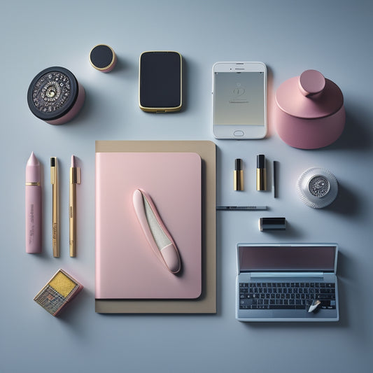 A stylized, minimalist illustration featuring a makeup artist's kit, a smartphone, and a laptop, surrounded by subtle dance-inspired elements, such as a ballet slipper or a musical note.