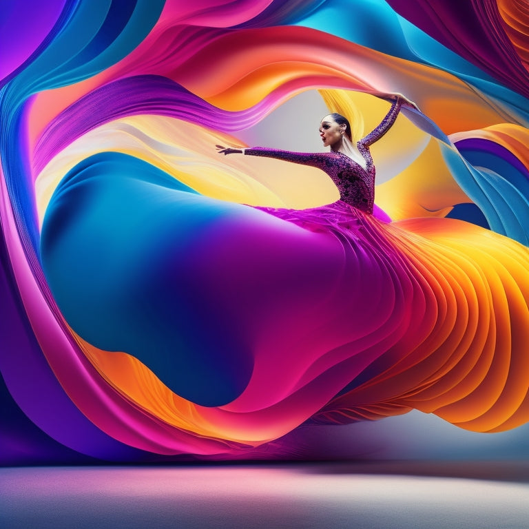 A vibrant, abstract dance-inspired illustration featuring swirling shapes, bold colors, and dynamic patterns, set against a neutral background, evoking energy and movement.