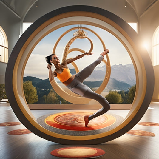 A dancer in a graceful, flowing pose, surrounded by 10 illustrated exercise icons (e.g., planks, crunches, leg raises) in a circular formation, with subtle dance studio background elements.