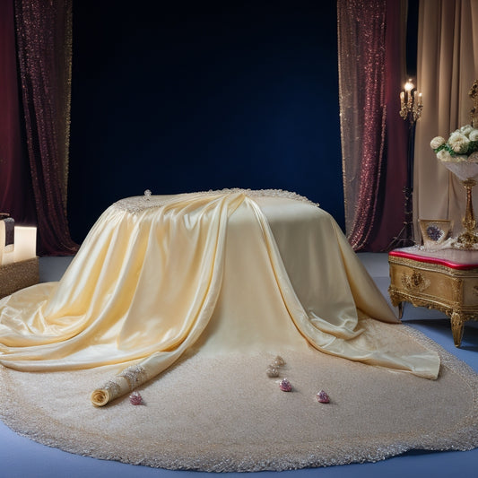 A delicate, floor-length evening gown in champagne silk lies on a bed of crumpled tissue paper, surrounded by velvet-covered dress boxes, satin-covered hangers, and a scattering of pearls and sequins.