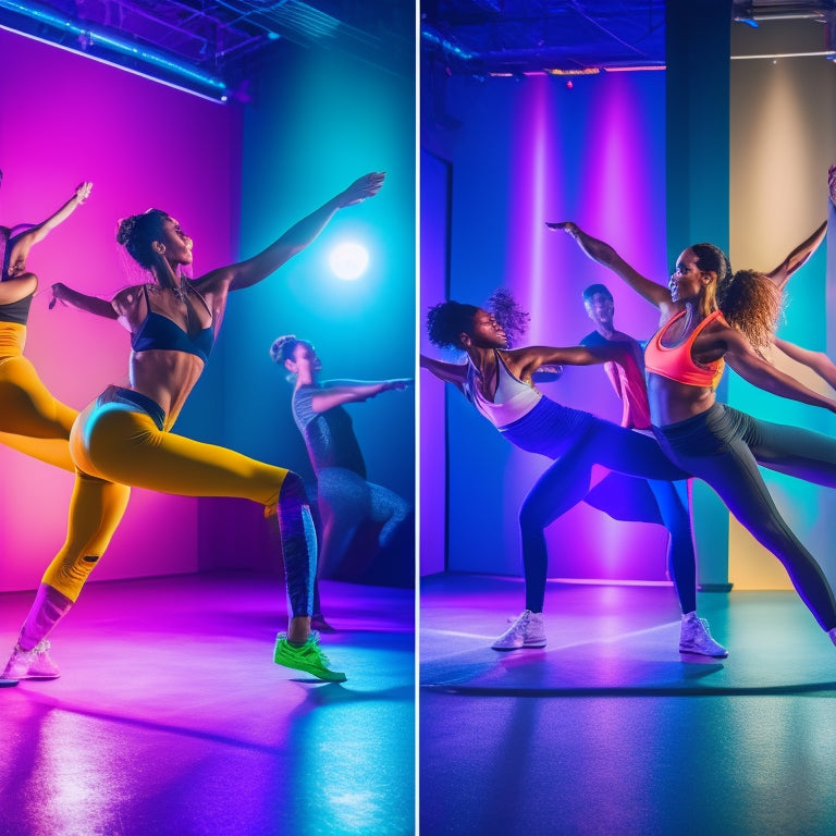 A vibrant dance studio with energetic individuals of diverse backgrounds, mid-movement, showcasing dynamic poses. Colorful lights cast a playful glow, while mirrors reflect their enthusiasm, embodying a fusion of fitness and artistry.