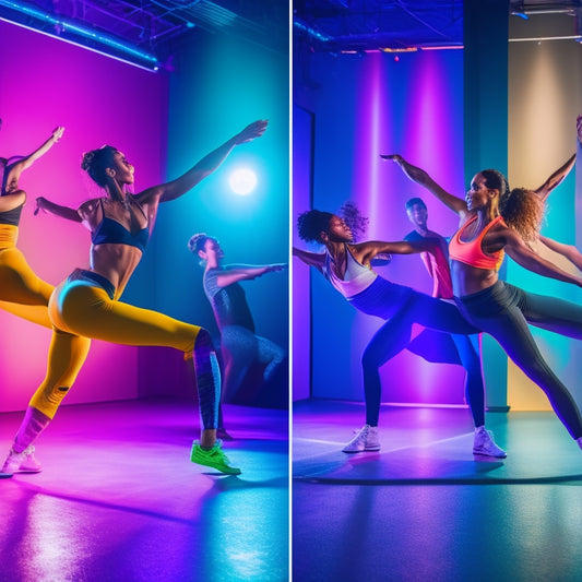A vibrant dance studio with energetic individuals of diverse backgrounds, mid-movement, showcasing dynamic poses. Colorful lights cast a playful glow, while mirrors reflect their enthusiasm, embodying a fusion of fitness and artistry.