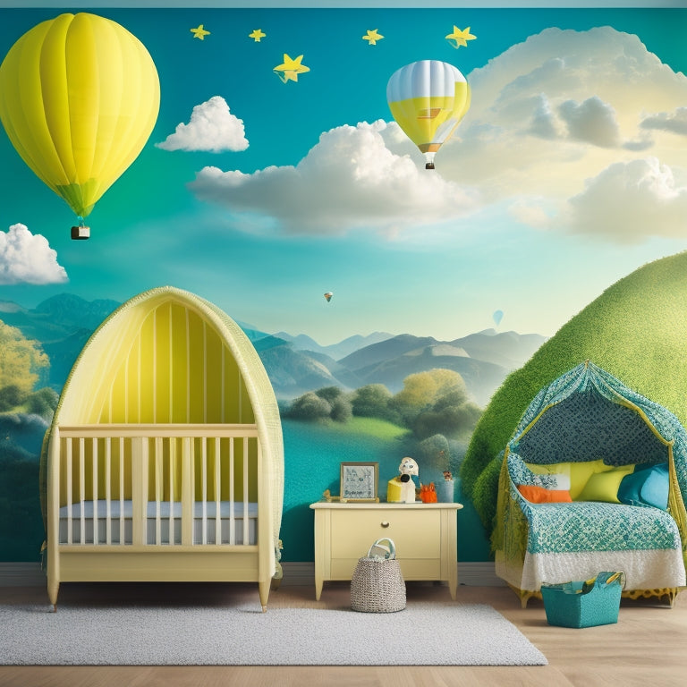 A vibrant, dreamy illustration of a child's bedroom wall featuring a hot air balloon, floating clouds, and stars amidst a soft, creamy yellow background, surrounded by lush green vines and colorful butterflies.