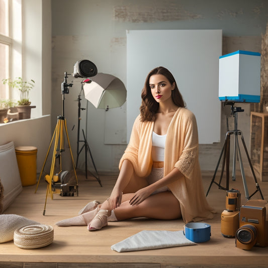 A serene, natural-light-filled studio with a beginner photographer, dressed in casual attire, posing a confident model against a creamy, textured backdrop, surrounded by camera equipment and props.