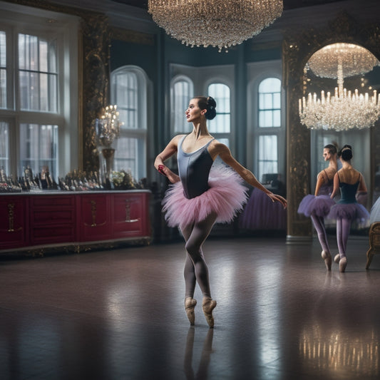 A ballet dancer in a sleek, high-waisted leotard and fitted leggings stands in front of a dimly lit, floor-to-ceiling mirror, surrounded by scattered dance shoes, tutus, and a few strategically placed dance bars.