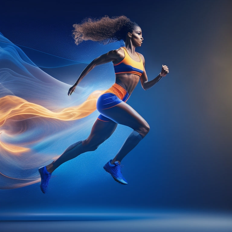 A dynamic illustration featuring a strong, athletic figure in motion, surrounded by swirling trails of motion lines, with a subtle gradient of blue and orange hues, evoking energy and empowerment.