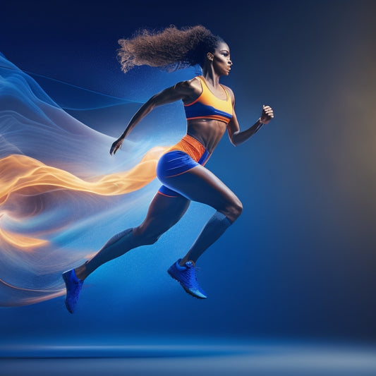 A dynamic illustration featuring a strong, athletic figure in motion, surrounded by swirling trails of motion lines, with a subtle gradient of blue and orange hues, evoking energy and empowerment.