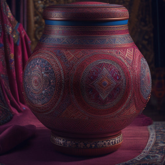 A vibrant, intricately patterned darbuka drum sits atop a richly embroidered, crimson-hued Middle Eastern-inspired fabric, surrounded by swirling, golden Arabic geometric patterns and subtle, shimmering stars.