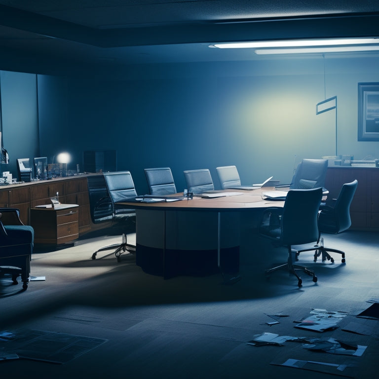 A dramatic, darkened conference room with overturned chairs, scattered papers, and a shattered laptop, illuminated only by a faint, flickering emergency light, surrounded by shadows.