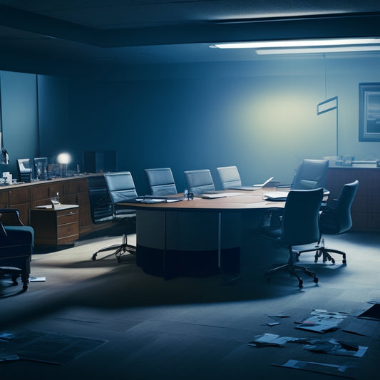 A dramatic, darkened conference room with overturned chairs, scattered papers, and a shattered laptop, illuminated only by a faint, flickering emergency light, surrounded by shadows.