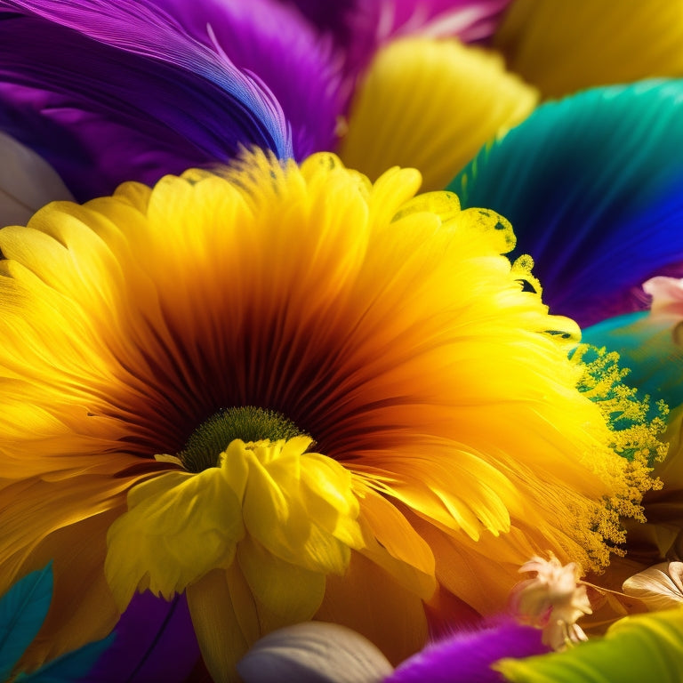 A vibrant, swirling vortex of colorful feathers, flowers, and ribbons unfolds against a bright, sunny yellow background, evoking feelings of joy, freedom, and unbridled passion.