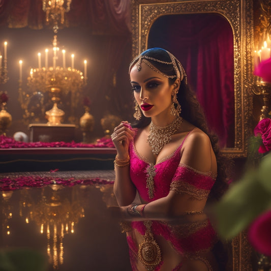 A serene, dimly lit studio with a beautiful, ornate mirror, a few velvet drapes, and a few scattered rose petals; a belly dancer in a flowing, shimmering costume practices in front of the mirror.