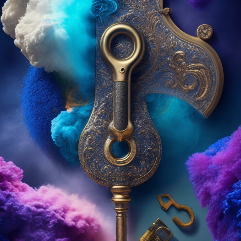 A stylized, modern key unlocking a large, ornate lock, surrounded by swirling clouds of colorful, creative elements, such as paintbrushes, cameras, and musical notes, on a dark blue or black background.