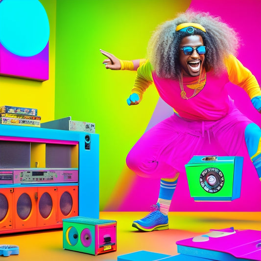 A whimsical illustration featuring Ebeneezer Goode, a smiling cartoon character with a mullet and neon-colored clothing, dancing in front of a retro boombox surrounded by cassette tapes and vinyl records.