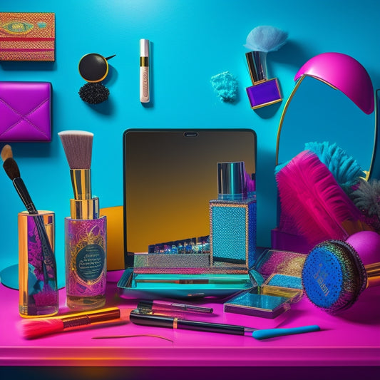 A vibrant, colorful illustration of a teenager's vanity with a mirror, makeup brushes, and various cosmetics, surrounded by smartphones and tablets displaying dance-inspired makeup looks.