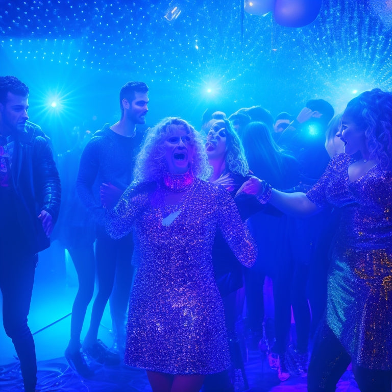 A dark blue and neon-lit dance floor scene with glowing decorations, flashing lights, and a giant sparkly disco ball reflecting colorful lights, surrounded by excited students in casual party outfits.