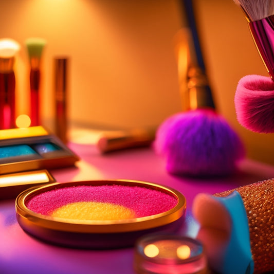 A close-up of a makeup artist's hands holding a JAM Cosmetics palette, surrounded by brushes, sponges, and a mirror, with a blurred-out theater or stage background, lit by warm, golden lighting.