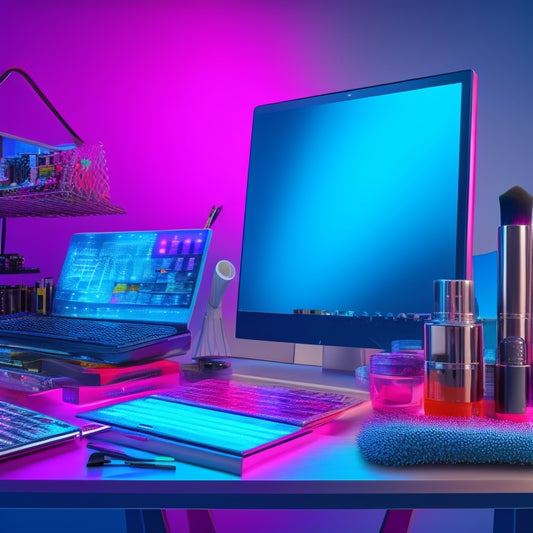 A colorful, futuristic illustration of a makeup artist's workstation transformed into a digital hub, with laptops, tablets, and smartphones displaying digital products amidst makeup brushes and cosmetics.