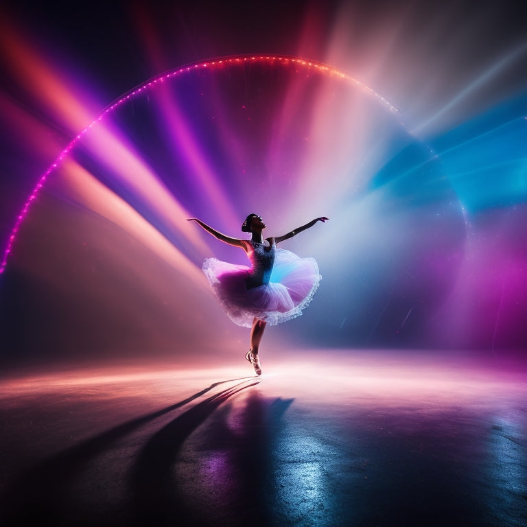 A darkened theater with a spotlight shining down on a dancer in mid-leap, surrounded by a halo of colorful lights and swirling fog, with a subtle grid of digital interface elements in the background.