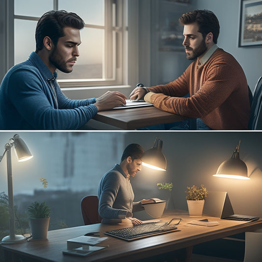 An illustration of a person sitting at a desk with a laptop, surrounded by a subtle aura of light and confidence, with a subtle before-and-after contrast showing improved posture.