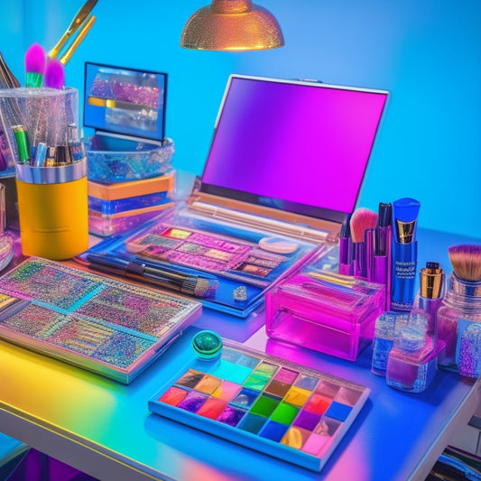 A cluttered, colorful makeup station with various brushes, palettes, and cosmetics scattered across a vanity, surrounded by laptops, tablets, and smartphones displaying digital downloads and tutorials.