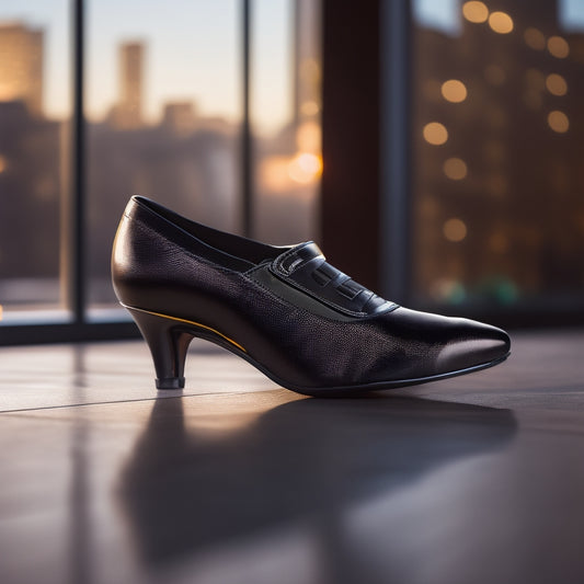 A close-up of a pair of sleek, black dance performance shoes with a metallic buckle, on a polished wooden floor, with a blurred cityscape or stage lights in the background.