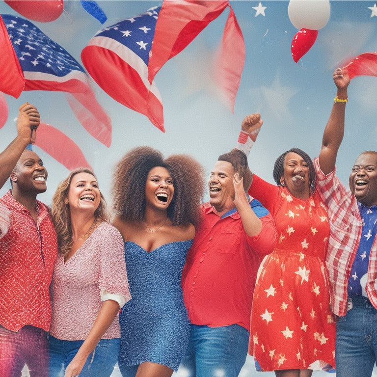 An illustration of a diverse group of people dancing in front of the American flag, with confetti and balloons in red, white, and blue colors, surrounded by subtle star and stripe patterns.