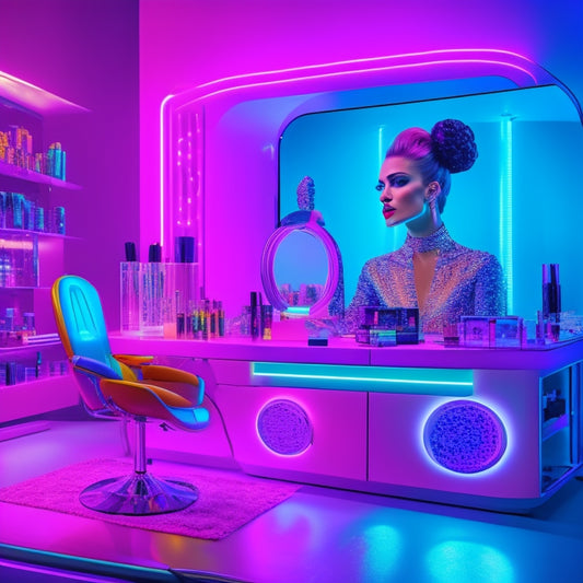 A futuristic, neon-lit makeup station with a dancer in a sleek, high-tech chair, surrounded by holographic screens, tablets, and styluses, with colorful cosmetics and brushes floating in mid-air.