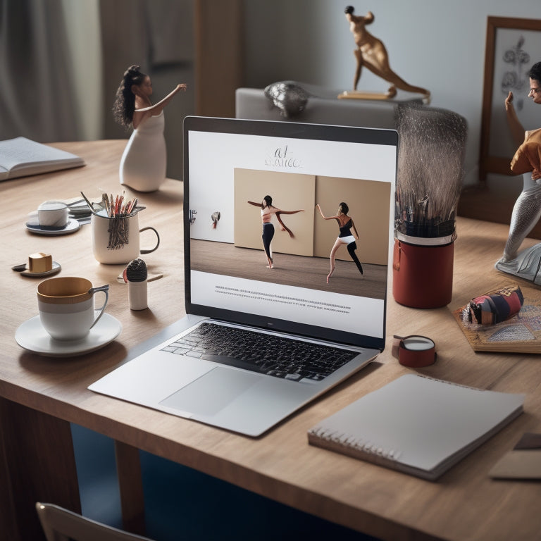A stylized, minimalist illustration depicting a choreographer's workspace: a wooden desk with a laptop, notebooks, and scattered papers alongside a miniature dance studio background with a few dancers in motion.