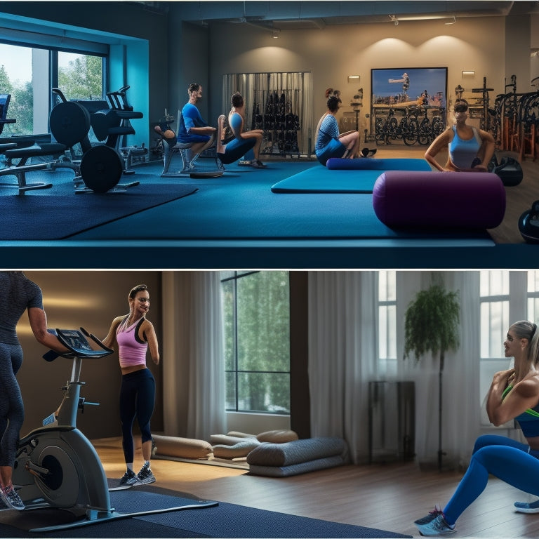 A split-screen image: on the left, a person in a cozy home gym surrounded by yoga mats and free weights, and on the right, a bustling fitness studio with rows of stationary bikes and a spinning class in session.