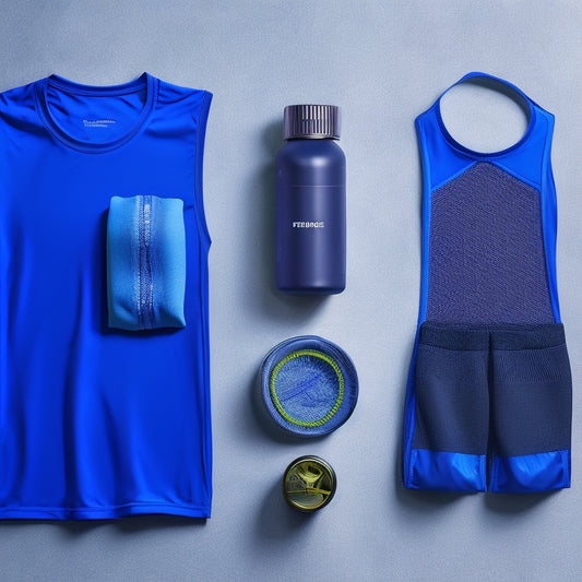A vibrant flat lay of essential running gear: moisture-wicking tank tops, breathable shorts, cushioned running shoes, compression socks, a lightweight jacket, and a sleek water bottle, all set against a textured asphalt background.