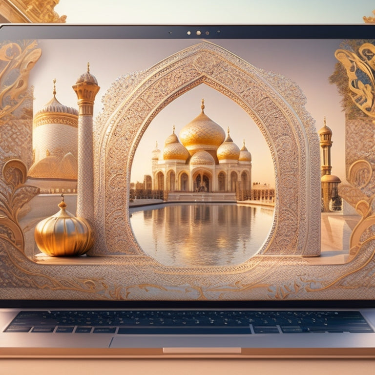 A whimsical illustration featuring a laptop with a belly dancer's silhouette reflected on the screen, surrounded by swirling patterns of intricate Arabic architecture and flowers, with a subtle gradient of warm, golden hues.