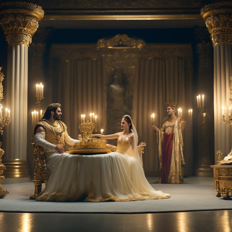 An opulent, dimly lit ancient throne room scene: Herod sits on a gold throne, surrounded by lavish drapes, while Salome performs a sensual dance, her flowing white gown shimmering under flickering torchlight.