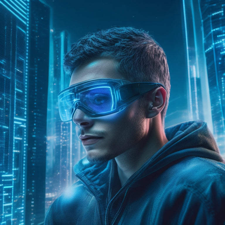 A futuristic illustration of a person surrounded by screens, gadgets, and wires, with glowing blue circuits and neon lights reflecting off their face, amidst a blurred cityscape background.