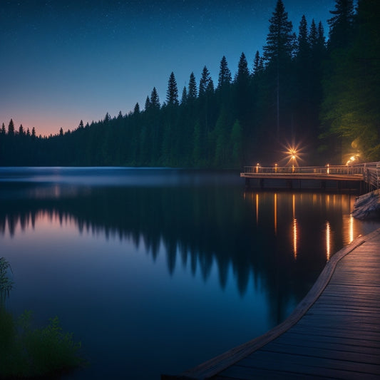 A serene lake at dusk with a wooden dock, surrounded by lush greenery and twinkling string lights, reflecting a majestic, shimmering aurora borealis above, with a lone dancer in the distance.