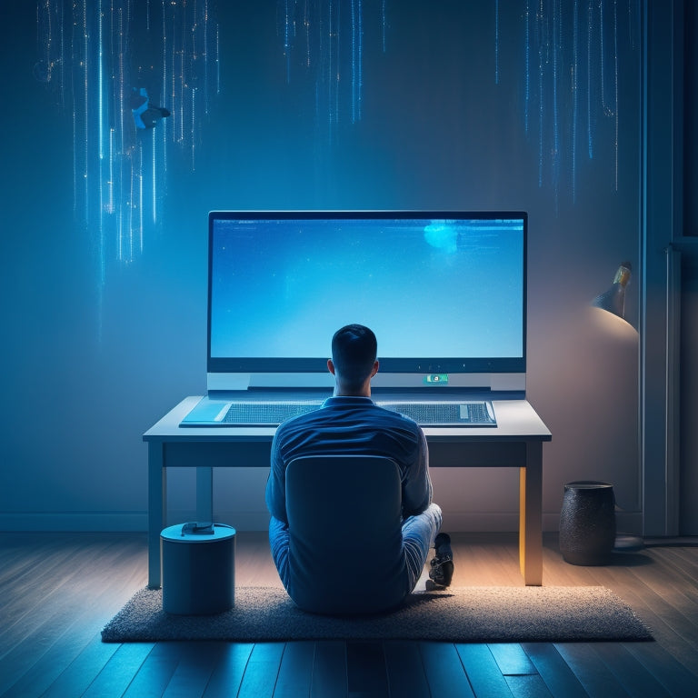 A minimalist illustration of a person sitting in front of a laptop with a thought bubble containing a puzzle piece fitting into place, surrounded by scattered digital devices and subtle glowing lines.