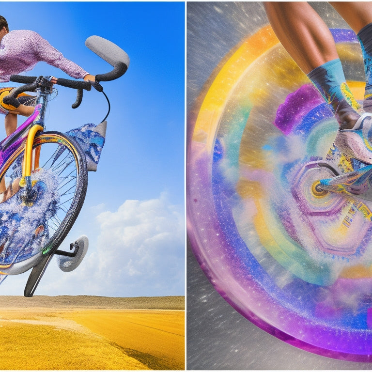 A split-screen image: on the left, a cyclist's legs in motion, pedals blurred, amidst a whimsical, swirling vortex of colorful puzzle pieces; on the right, a sleek, silver bicycle wheel spinning rapidly, surrounded by stylized, dynamic gear shifts.