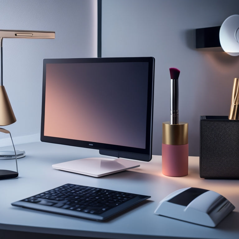 A minimalist, modern makeup station with a sleek laptop, a few carefully placed makeup brushes, and a few digital tablets displaying vibrant, high-definition makeup looks on their screens.