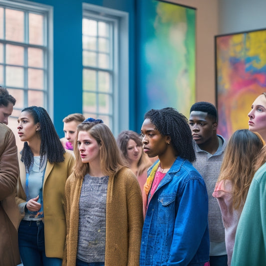 A vibrant, bustling gallery scene: Oberlin College students of diverse ages, races, and hairstyles gathered around a large, abstract art installation, surrounded by paint-splattered easels and scattered art supplies.