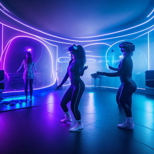 A futuristic dance studio with a woman wearing a VR headset and holding controllers, surrounded by swirling lights and mirrors, with a blurred cityscape visible through the windows.