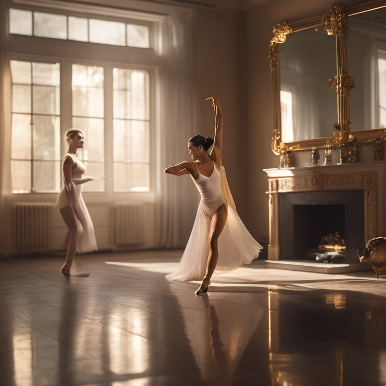 A serene, dimly lit home studio with a lone dancer in a flowing white leotard, surrounded by mirrors, ballet bars, and a few scattered dance shoes, lost in movement amidst a warm, golden light.