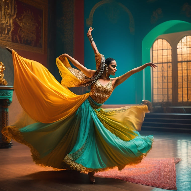 A serene, golden-lit dance studio with a lone, confident dancer in a flowing, turquoise skirt, executing a precise, isolated core movement, surrounded by draped silks and Middle Eastern-inspired patterns.
