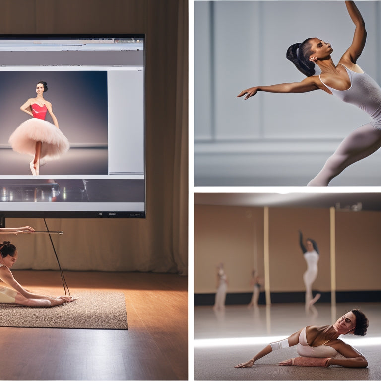 A split-screen image featuring a laptop with a dance class video playing on the screen, alongside a dancer in a bright, airy studio, surrounded by mirrors and ballet bars, with a subtle sparkle effect.