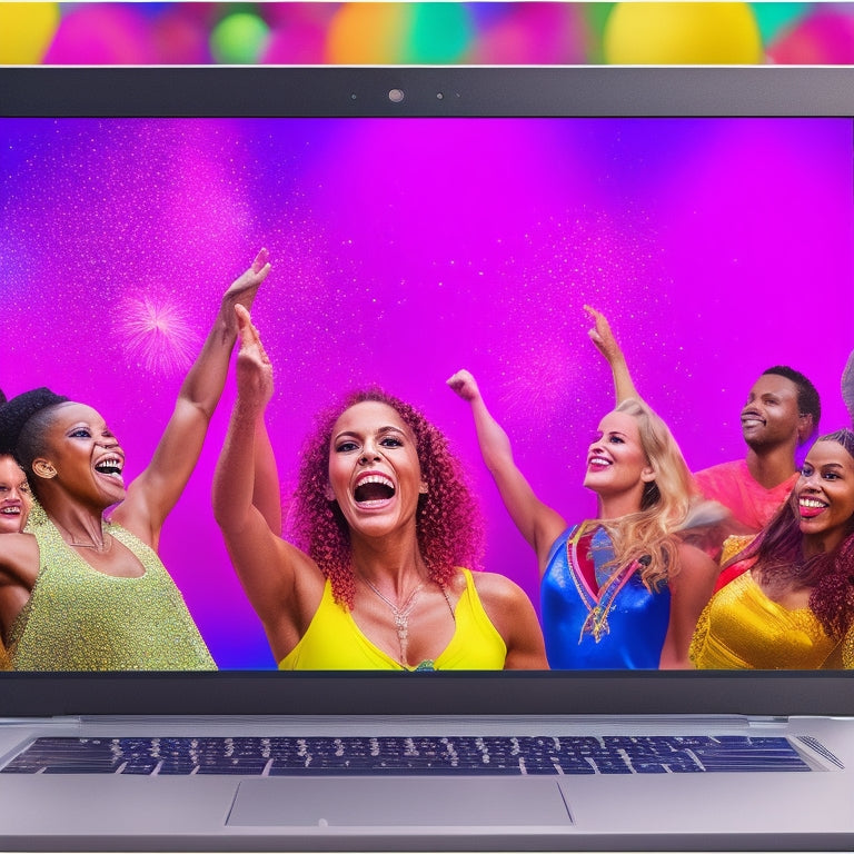 A bright, colorful illustration of a laptop screen displaying a dance studio background with confetti and balloons, surrounded by excited dancers of diverse ages and styles.