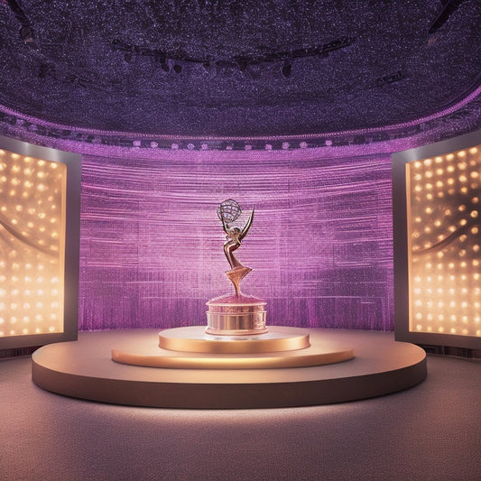 A golden Emmy statue centered on a red carpet, surrounded by dancing silhouettes, spotlights, and TV screens displaying celebrity portraits with subtle confetti and glitter effects in the background.