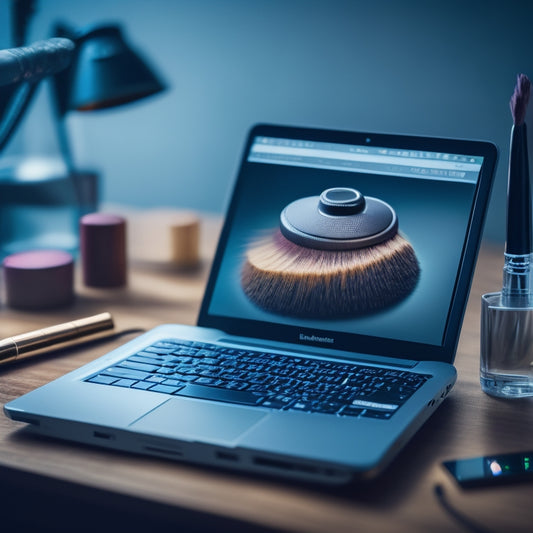 A close-up of a makeup brush lying on a laptop keyboard, surrounded by open tabs of online tutorials and a smartphone with a dance makeup look on the screen.