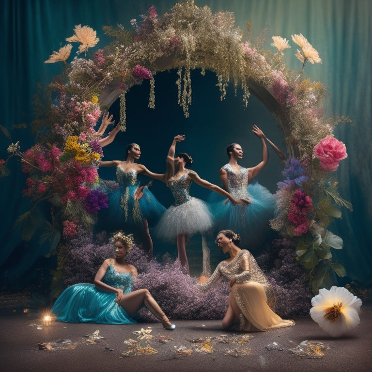 A whimsical illustration featuring a diverse group of dancers in various poses, surrounded by shattered mirrors and broken chains, with blooming flowers and vines growing out of the cracks.